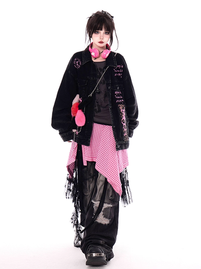 Denim Jacket Faded Wash Vintage Collar Pink Leopard Pattern Black Shirt