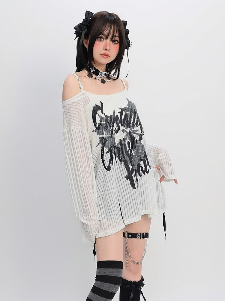 Y2K Slit Black/White Off-the-shoulder Graphic Hem Neckline Coverup