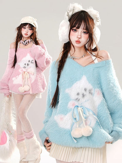 Pink/Blue Cute Kitty Pattern Bowknot Details Halter Neck Soft Sweater