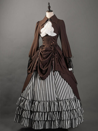 黒と白のストライプのティアードヘムラインスチームパンクロリータスカート