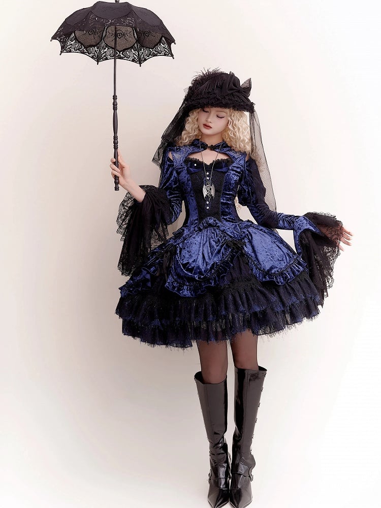 Dark Blue Detachable Long Bell Sleeves Snake Bones Embroidery Velvet Top