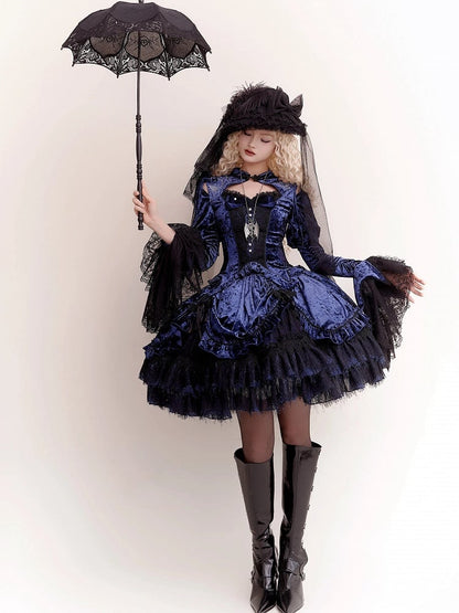 Dark Blue Detachable Long Bell Sleeves Snake Bones Embroidery Velvet Top