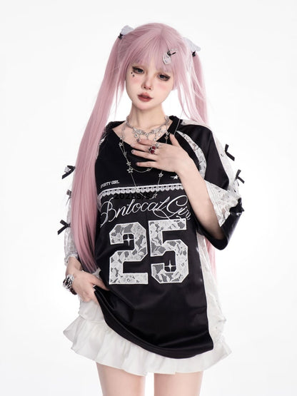 Patches Contrast Lace T-shirt Applique V-neck Satin Black/Silver Number