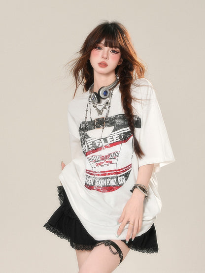 White Crew Neck Sports Loose Graphic T-shirt