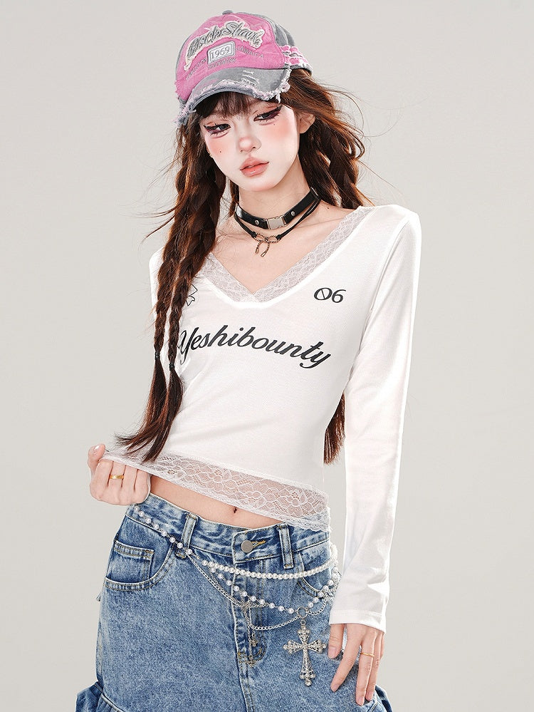 White Lace Patchwork V-neck Long Sleeves Top