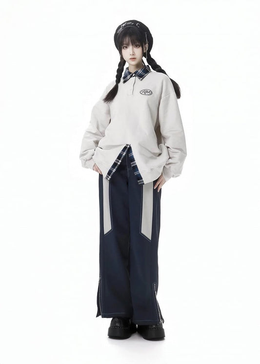 Dark Blue&White Zip Cuff Thicken Pants