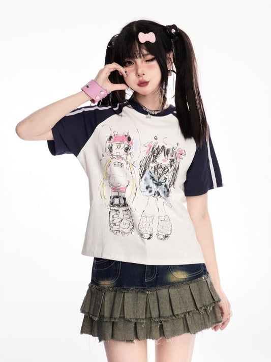 and Black White Design Colorblock Print T-Shirt Anime Graffiti
