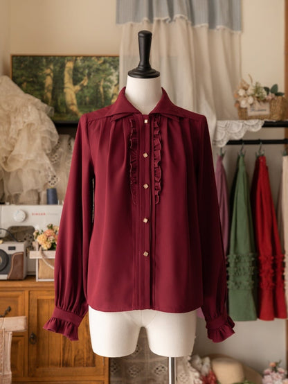 Red Double Layered Pointed Collar Long Sleeves Shirt