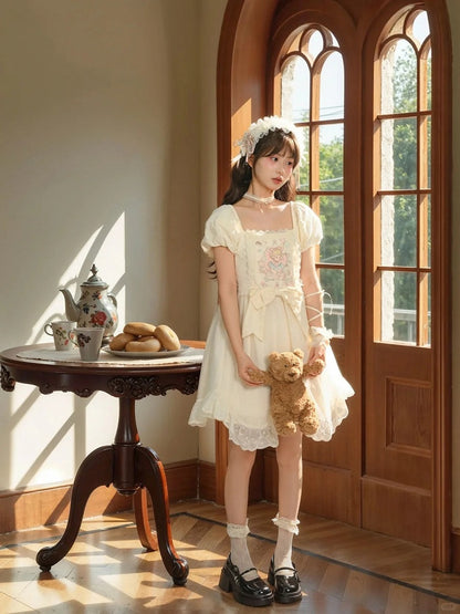 Sweet Fairy Tale Print Apricot Square Puff Short Casual Bow Big Lolita Dress Waist Neckline Sleeves and