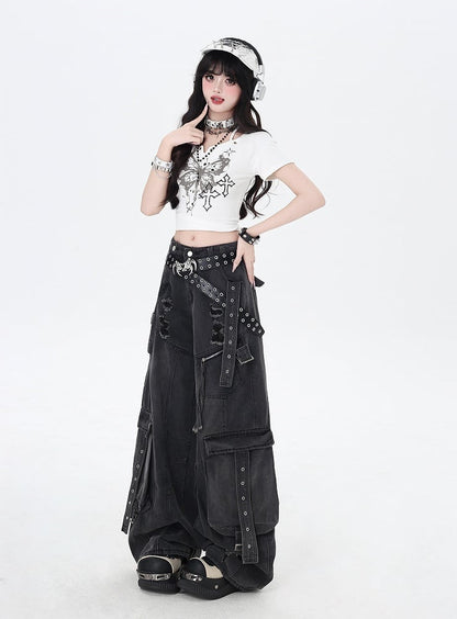 Black Rise Distressed Holes Low Jeans Wide-leg Cargo