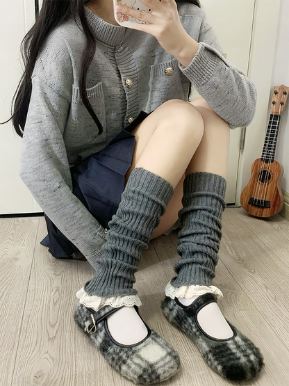 Coffee Sweet Lace Trim Knitted Leg Warmers