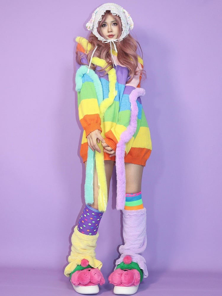 Warmers Leg Colorful Over-Knee + Fashion Plushie Striped PerpleYellow Gyaru Stockings And Pattern Polka-Dot