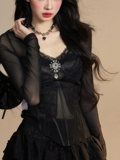 Rhinestone Embellished Glamorous Top Black V-neck Butterfly Embroidery