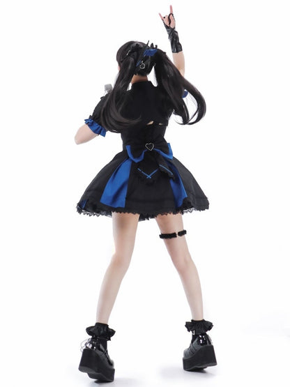 Black and Dark Blue Punk Idol Lolita Dress Lolita Cropped Top Set