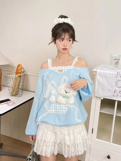 Cutout Shoulder Top Faux Plush Puppy Lace Embellished Blue Plaid Two-pieces