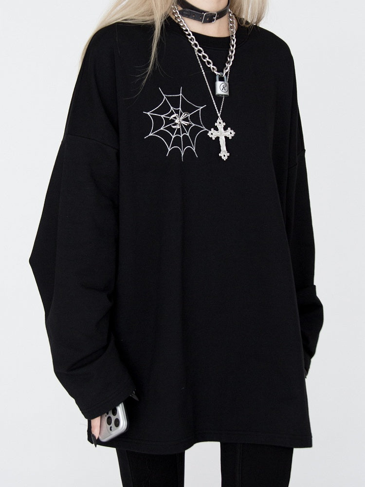Spiderweb Embroidered Black Sweatshirt with Detachable Metal Spider