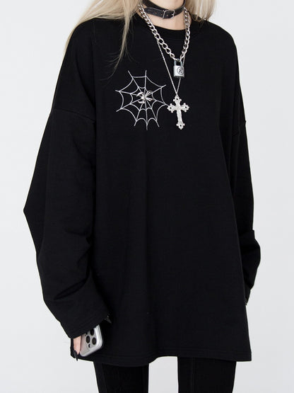 Spiderweb Embroidered Black Sweatshirt with Detachable Metal Spider