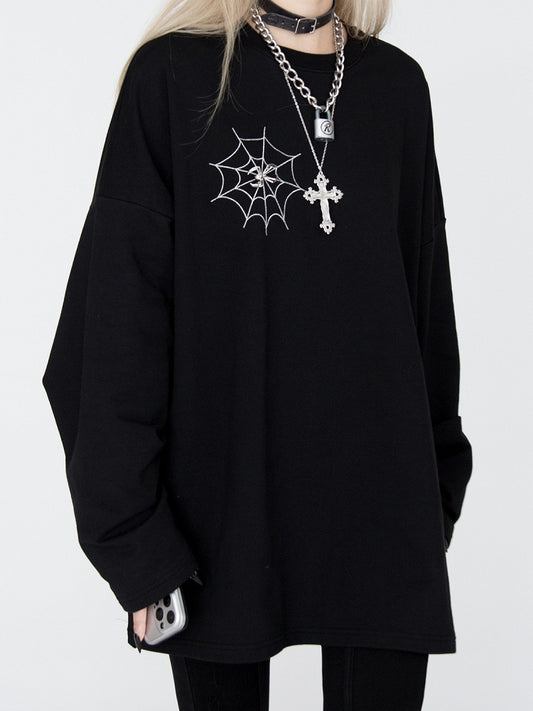 Spiderweb Embroidered Black Sweatshirt with Detachable Metal Spider