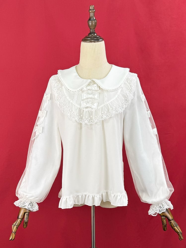 White Peter Pan Collar Bows Decorated Long Balloon Sleeves Blouse