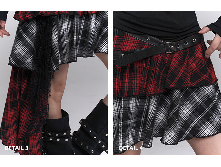 Red  Black Mesh Asymmetrical Plaid Skirt with PU Patchwork