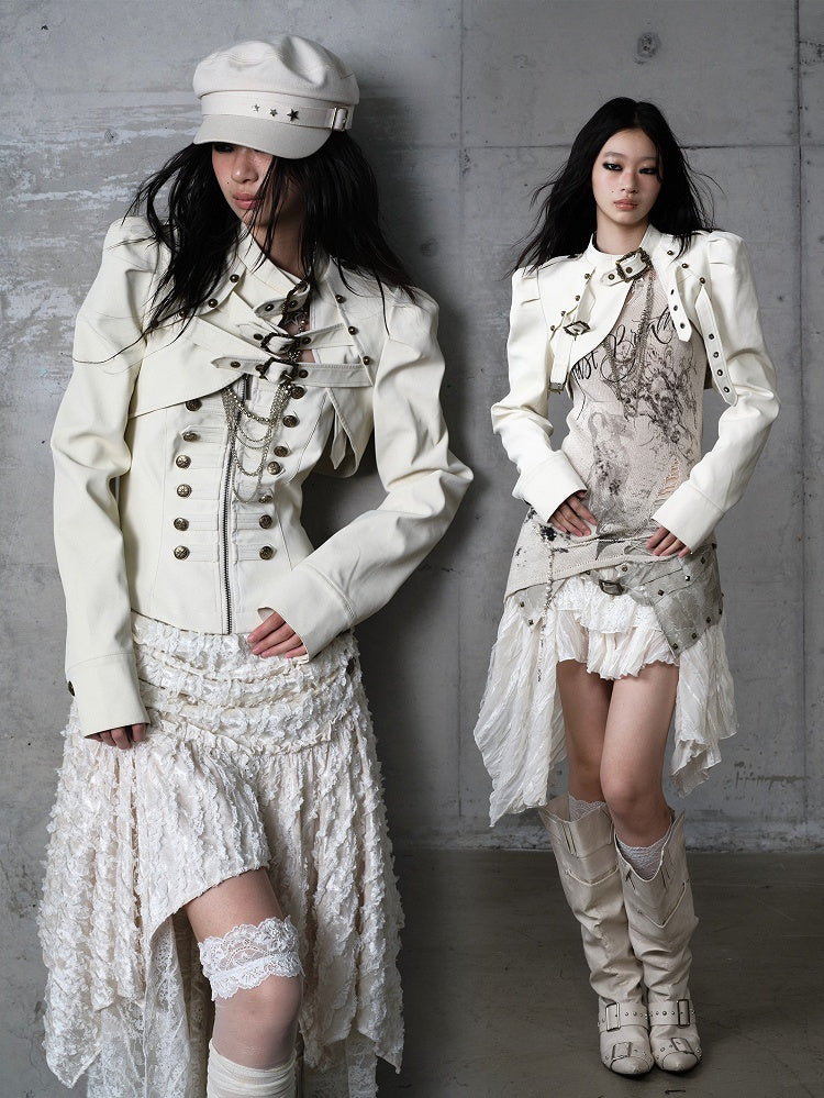 Buckled Punk Straps Crop Jacket with Collar Stand Beige Knight-Style