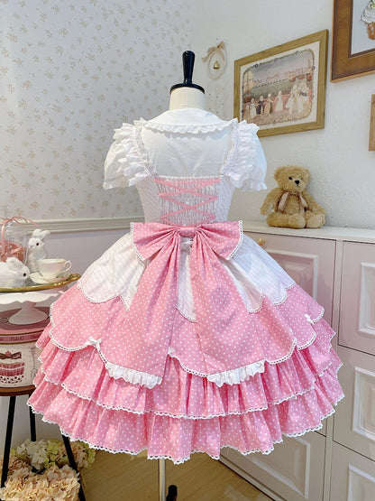 Lolita Old School Pattern Dots Pink Polka and Stripes Jumper Dress Skirt