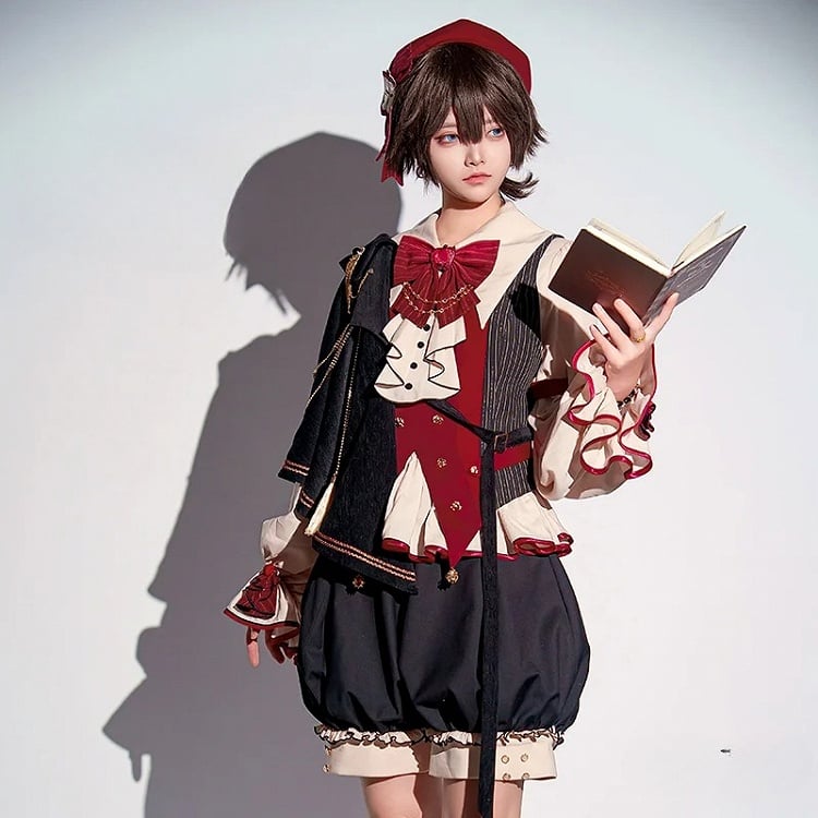 Schwarzes und rotes Ouji Fashion Preppy Style Komplettset - Beiges Hemd + Rote Weste + High Waist Knickerbocker Shorts + Schal + Accessoires