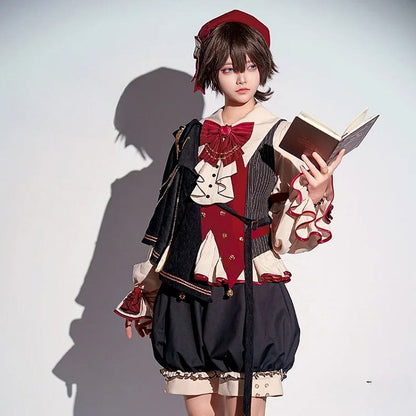 Schwarzes und rotes Ouji Fashion Preppy Style Komplettset - Beiges Hemd + Rote Weste + High Waist Knickerbocker Shorts + Schal + Accessoires