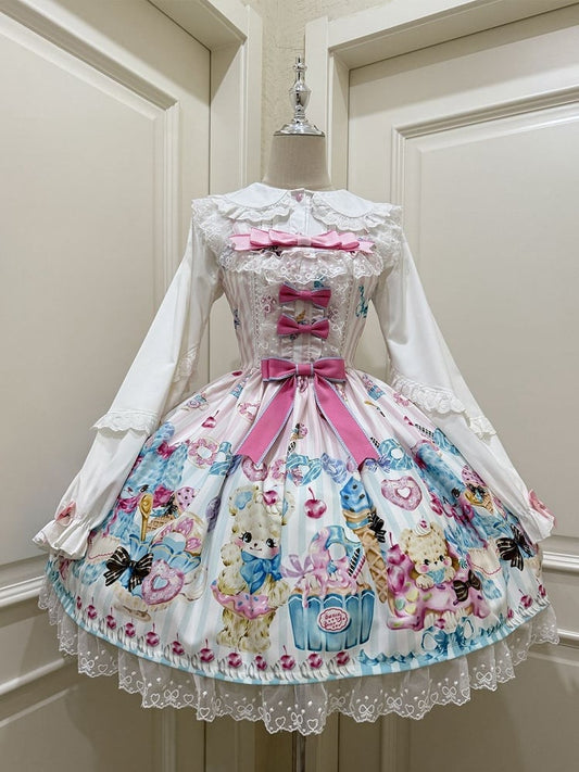 Ice Cream Print White Skirt and Teddy Sweet Lolita Jumper