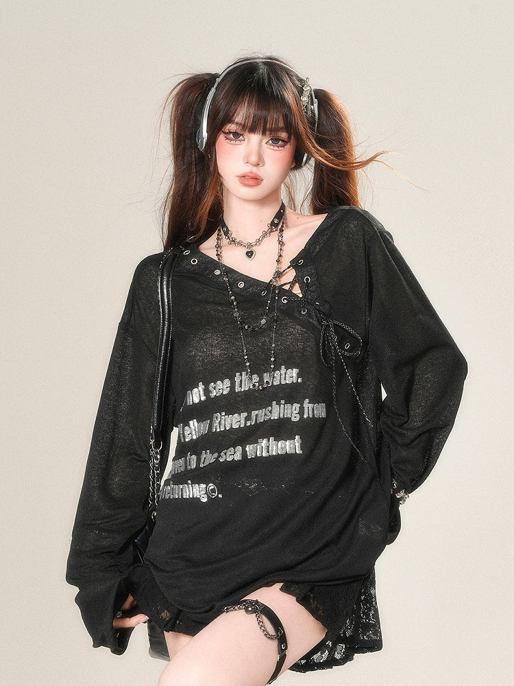 Black/White Semi-sheer Asymmetrical Neckline Sun Protection Top with Lace-up Detail