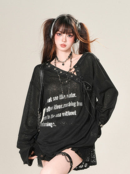 Black/White Semi-sheer Asymmetrical Neckline Sun Protection Top with Lace-up Detail