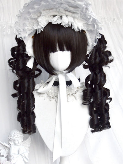 Black Jirai Kei Short Bob Cut Wig With Bangs＋Double Ponytail Claw Clips