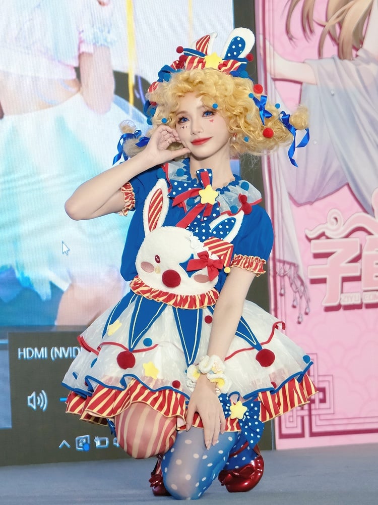 Lolita and Circus Pastel Clown Bodice Overalls Red Dress Blue Dark Clowncore Bunny Fleece Sweet