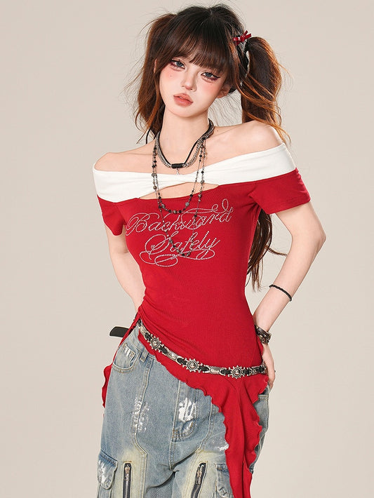 Off-the-shoulder Neckline Bittersweet T-shirt Glamorous Red/Black