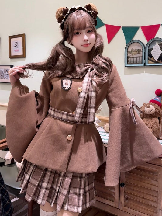 Coffee Preppy Style Bell Sleeves Jacket with Plaid Bow Accent + Coffee Plaid Pleated Skirt Set