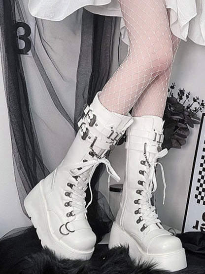 Stiefel Gothic Schnalle Plattform PU Akzente - Weiß Kniehoch