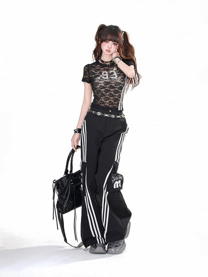 Black & White Cargo Pockets Wide-leg Loose Pants
