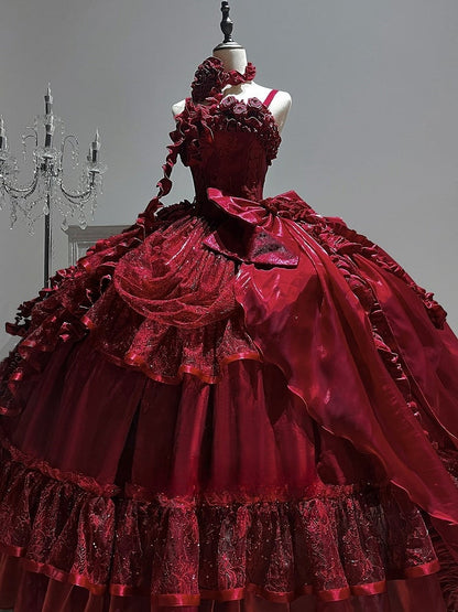 Hanayome Waist Boned Floor Corset Length Gown Hime Dress Red Ball Lolita