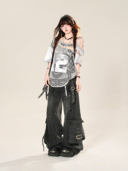 Black Distressed Holes Buckle Wide-Leg Jeans Cargo Pockets Straps