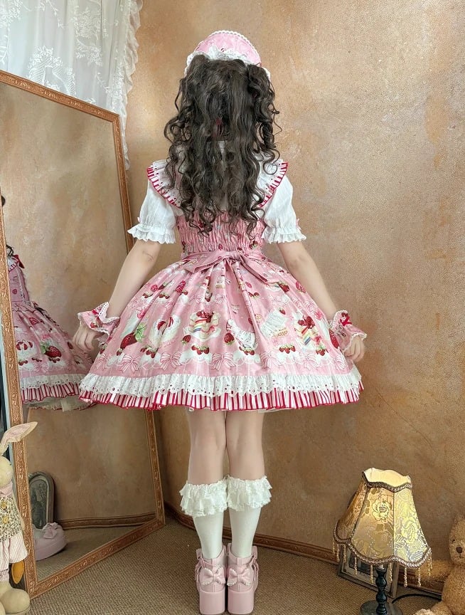 Bows Sweet Skirt and Dessert Lolita Jumper Print Strawberry Pink