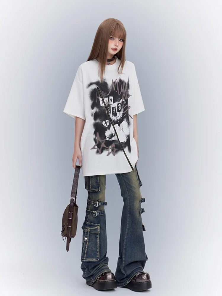 White Round Neck Printed Loose T-Shirt with Zipper Detail