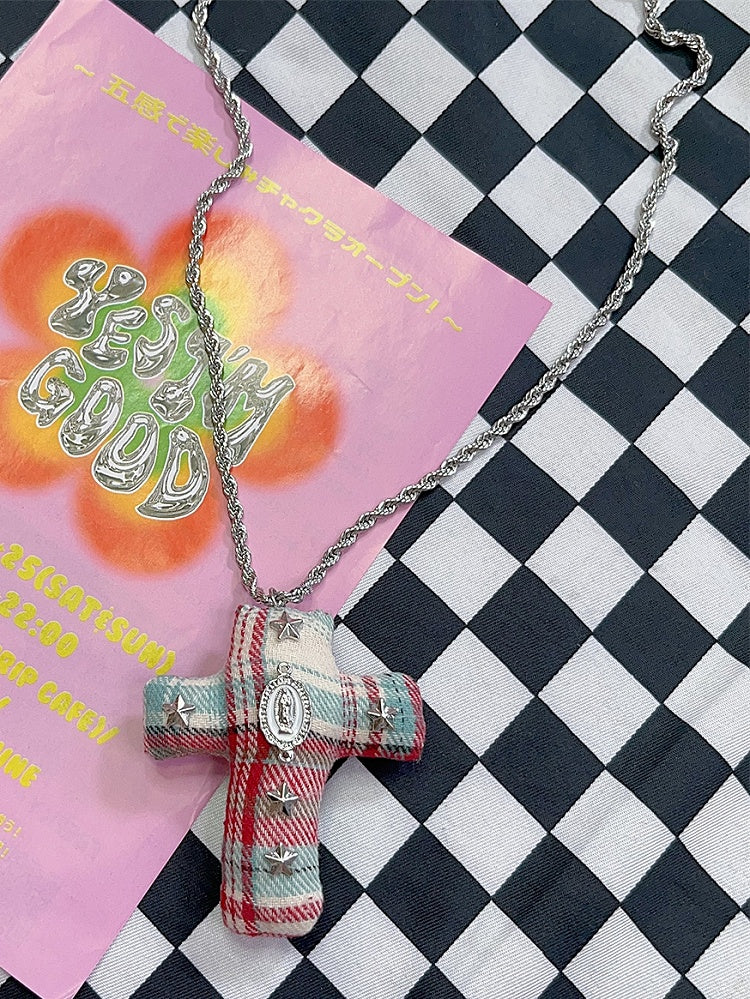 Y2K Blau-Rot-Kreuz Mode Verzierte Gyaru Halskette Stern