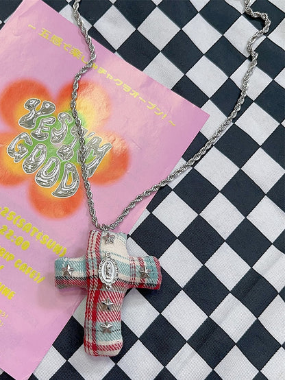 Y2K Blau-Rot-Kreuz Mode Verzierte Gyaru Halskette Stern