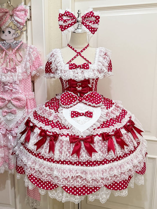 Dots Lolita Old Accents Sleeves Red Short Dress Pattern School Polka Bow