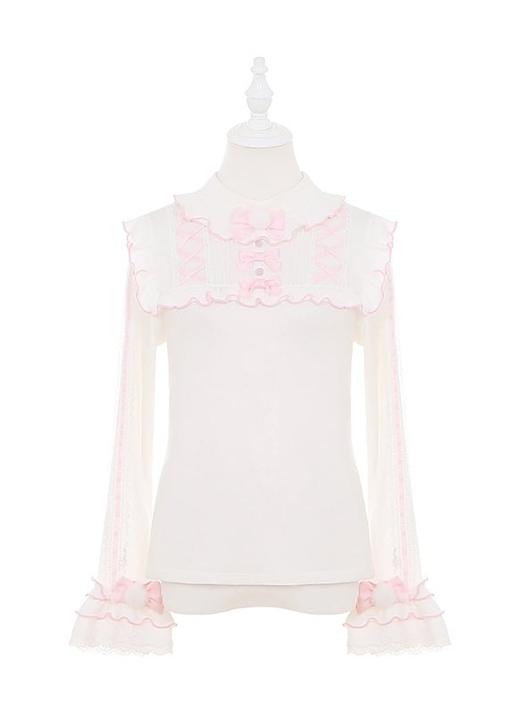 White and Pink Lettuce Hem Sweet Lolita Top