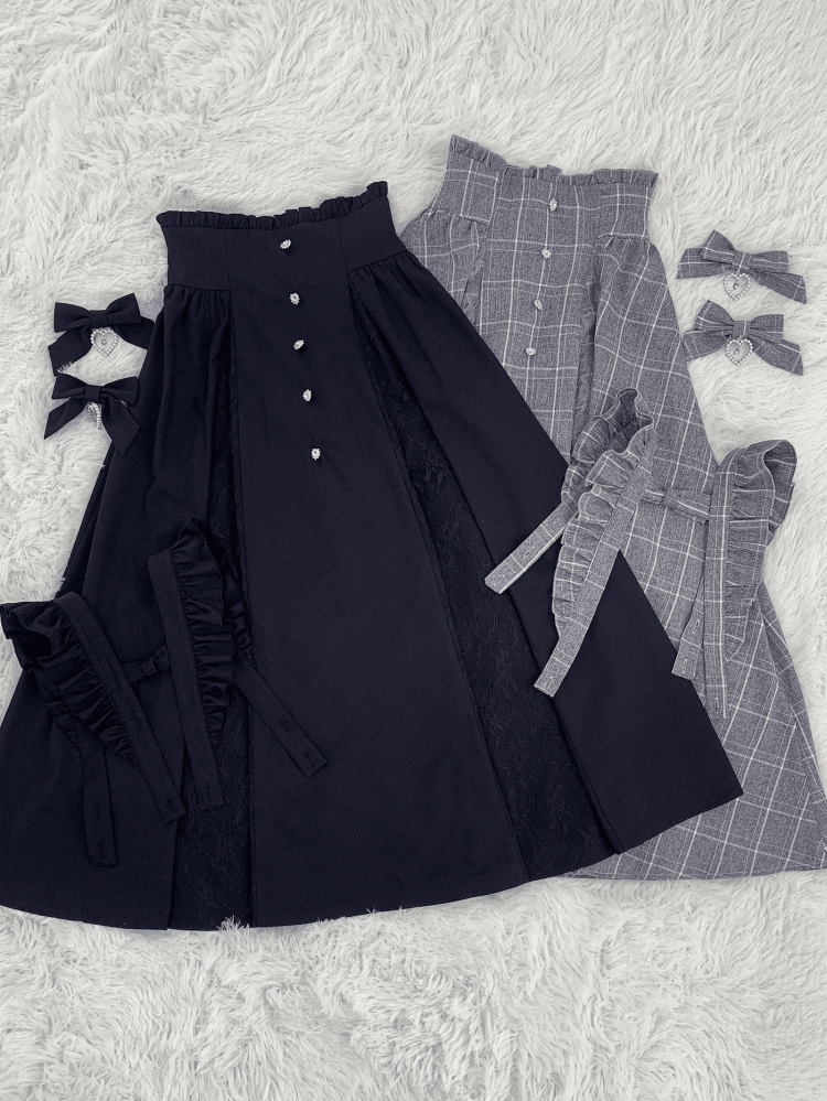 in Overall Sleeves Plaid Long Flutter Black/Gray Detachable Rhinestone Kei Skirt Jirai Accents with Style
