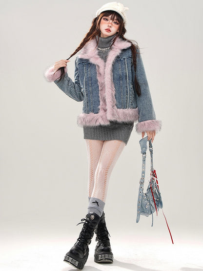 Blue Faux Fur Trim Thick Denim Jacket