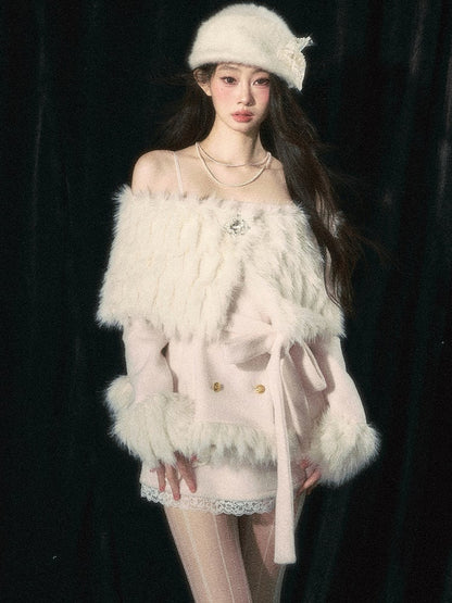 ChristmasRed/White Elegant Off-the-shoulder Neckline Coat Detachable Plush Shawl