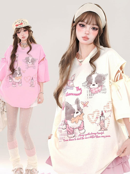 Rosa/Aprikose – T-Shirt mit Cartoon-Welpen und Cut-out-Ärmeln zum Binden