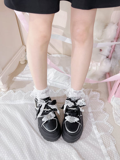 Jirai Kei Black Rhinestone Platform Shoes with Detachable Beaded Chain